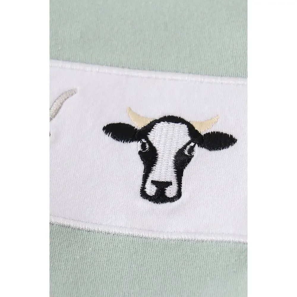 NEW Abby & Evie Green Cow Embroidery Outfit‎ Set Long Sleeve Top & Gingham Pants